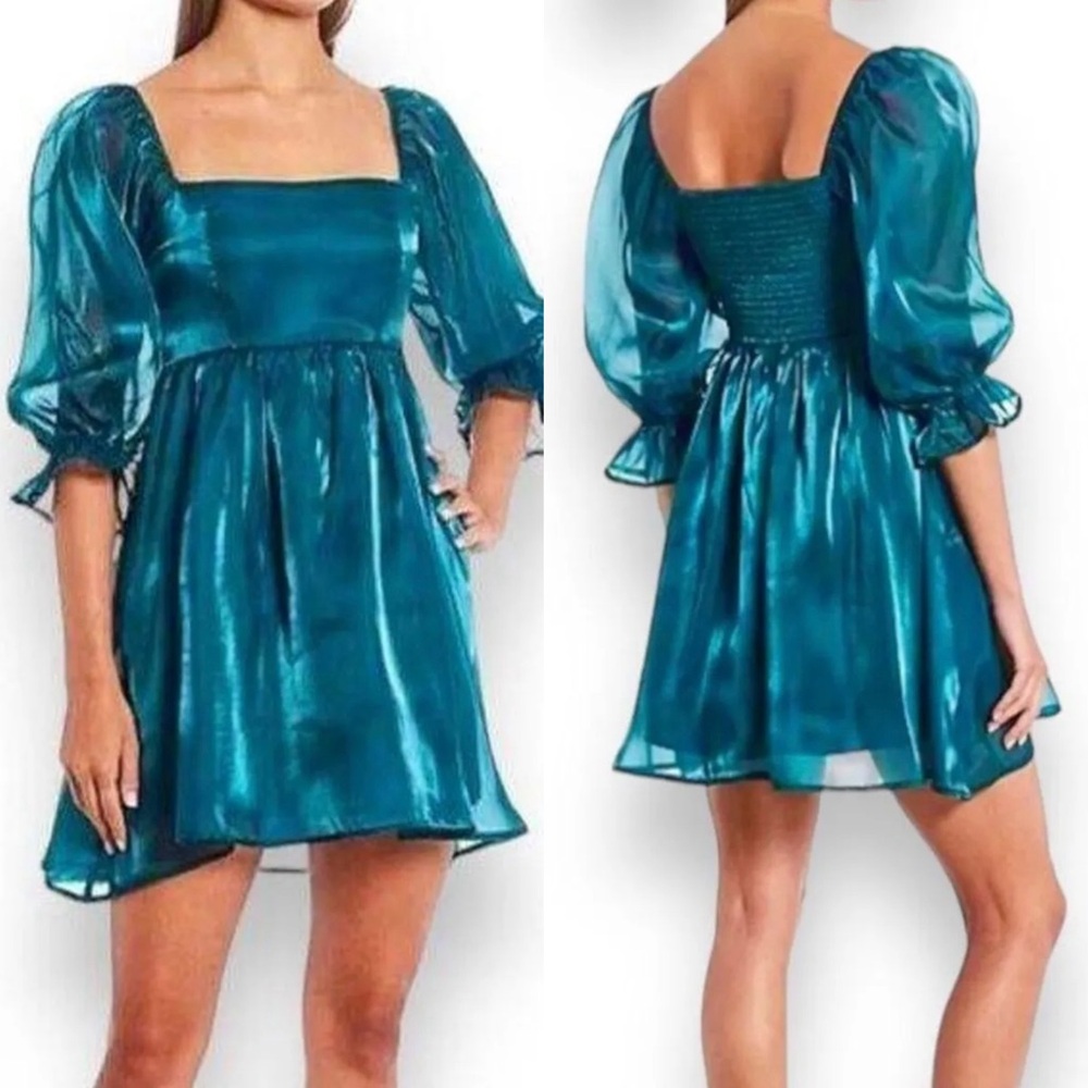 Thirty Thirty LA Blue/Green Teal Quarter Length Puff Sleeve Mini Dress Size S